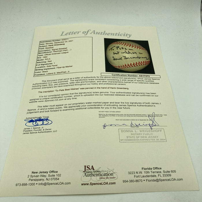 Hank Greenberg Single Signed Vintage American League Baseball JSA COA