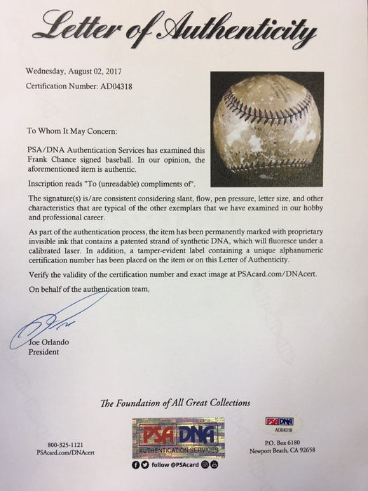 The Only Frank Chance Single Signed Baseball On Earth PSA DNA & JSA COA