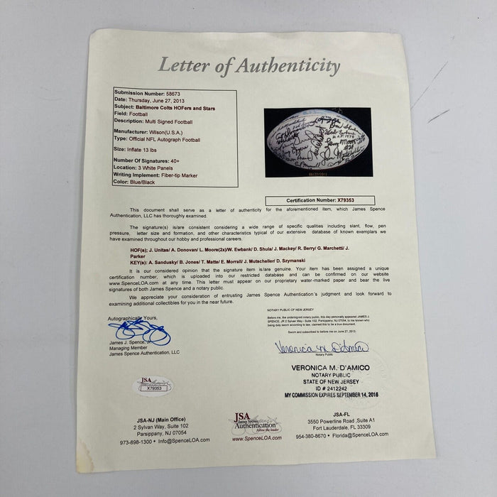 Johnny Unitas Baltimore Colts HOF Legends Signed Football 40+ Sigs JSA COA