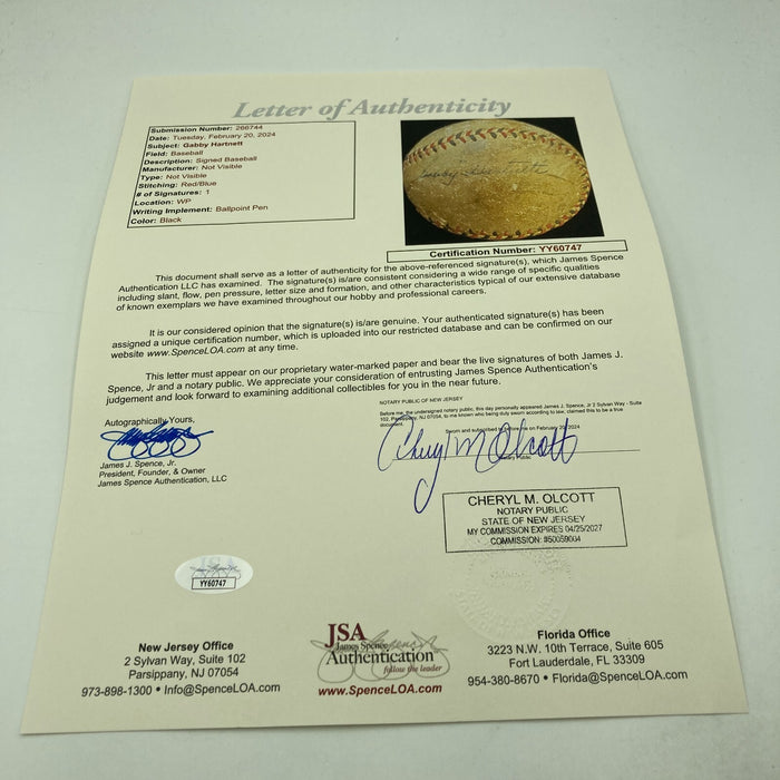 Leo Gabby Hartnett Single Signed 1920's National League Baseball JSA COA