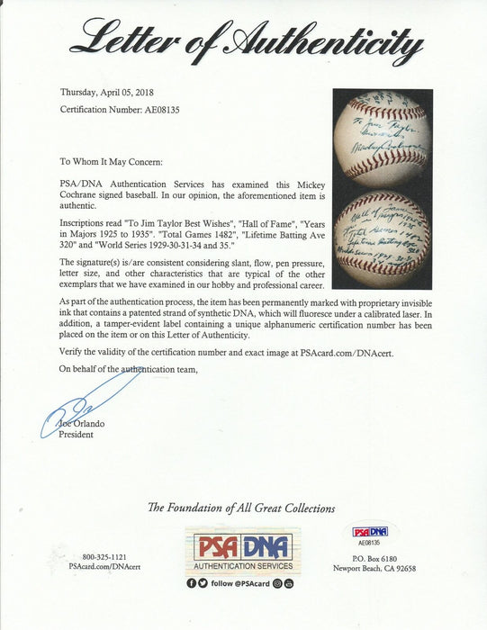 The Finest Mickey Cochrane Single Signed Heavily Inscribed Stat Baseball PSA DNA