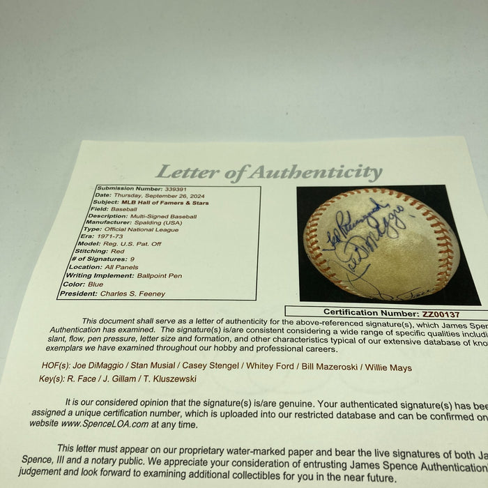 Joe Dimaggio Willie Mays Stan Musial Casey Stengel Multi Signed Baseball JSA COA