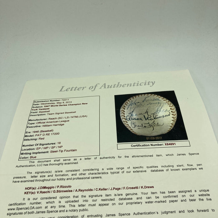1947 New York Yankees World Series Champs Team Signed Baseball JSA COA