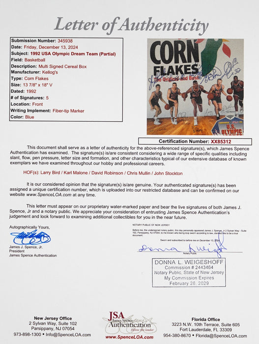 1992 Dream Team Olympics Team USA Signed Corn Flakes Box 5 Sigs JSA COA