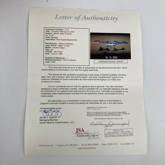 Mickey Mantle Willie Mays & Duke Snider Signed Baseball Bat JSA COA