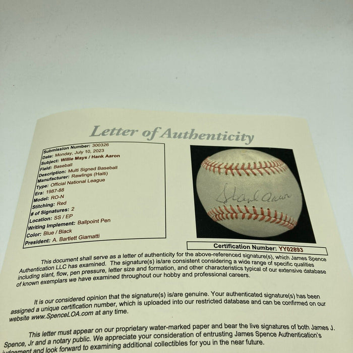 Willie Mays & Hank Aaron Signed National League Baseball JSA COA