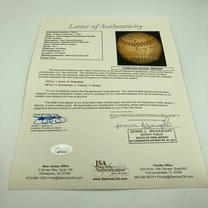 Historic 1913 Chicago Cubs Team Signed Baseball 26 Sigs Johnny Evers JSA COA