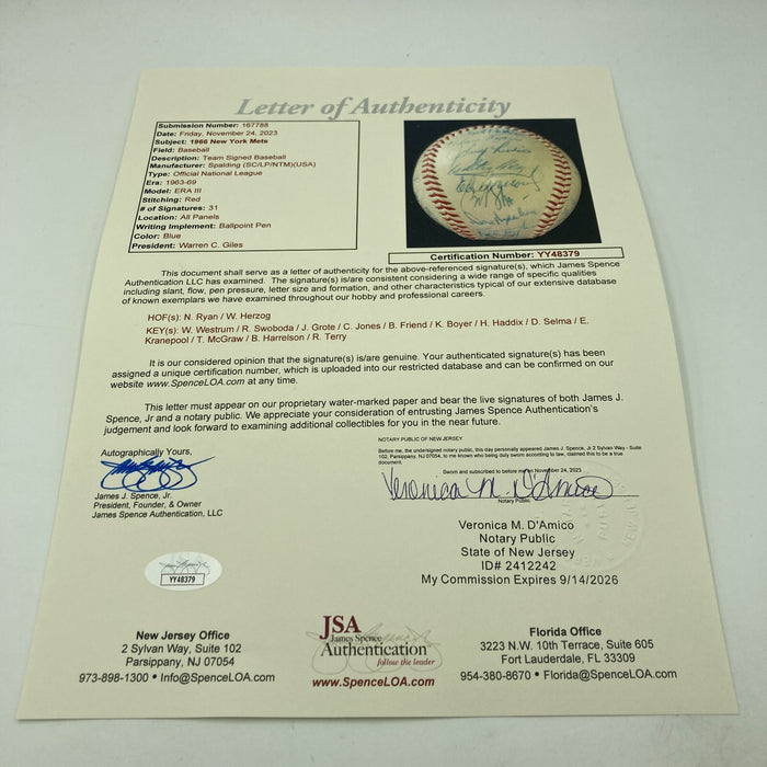 Nolan Ryan Rookie 1966 New York Mets Team Signed Baseball JSA & PSA DNA COA