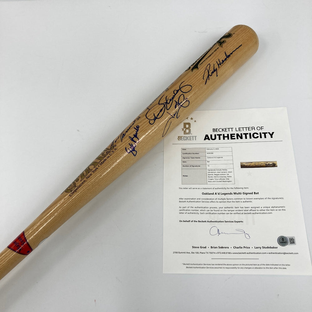 Oakland A's Legends Signed Bat 10 Sigs Rickey Henderson Reggie Jackson BAS