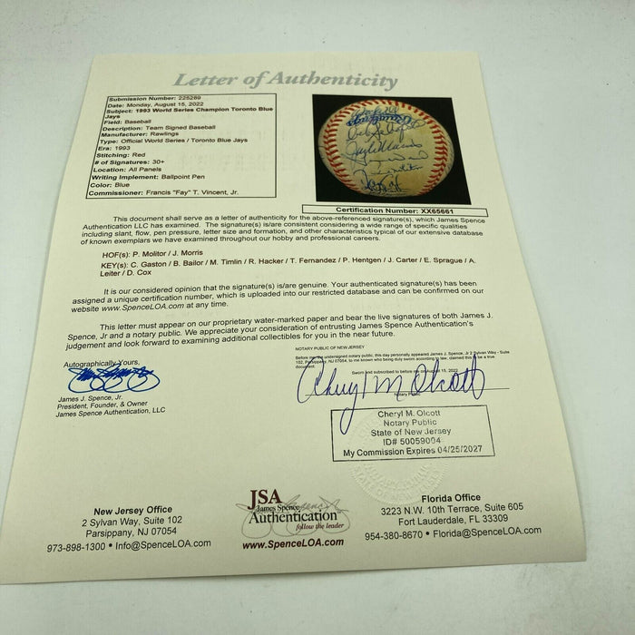 1993 Toronto Blue Jays World Series Champs Team Signed W.S. Baseball JSA COA