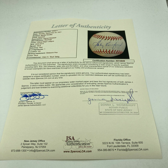 Mint Sandy Koufax Signed Autographed Official Major League Baseball With JSA COA
