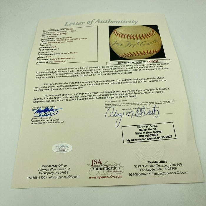 Beautiful Joe Mccarthy Single Signed American League Baseball JSA COA