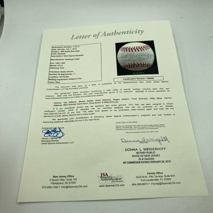 500 Home Run Signed Baseball Mickey Mantle Ted Williams Willie Mays 11 Sigs JSA