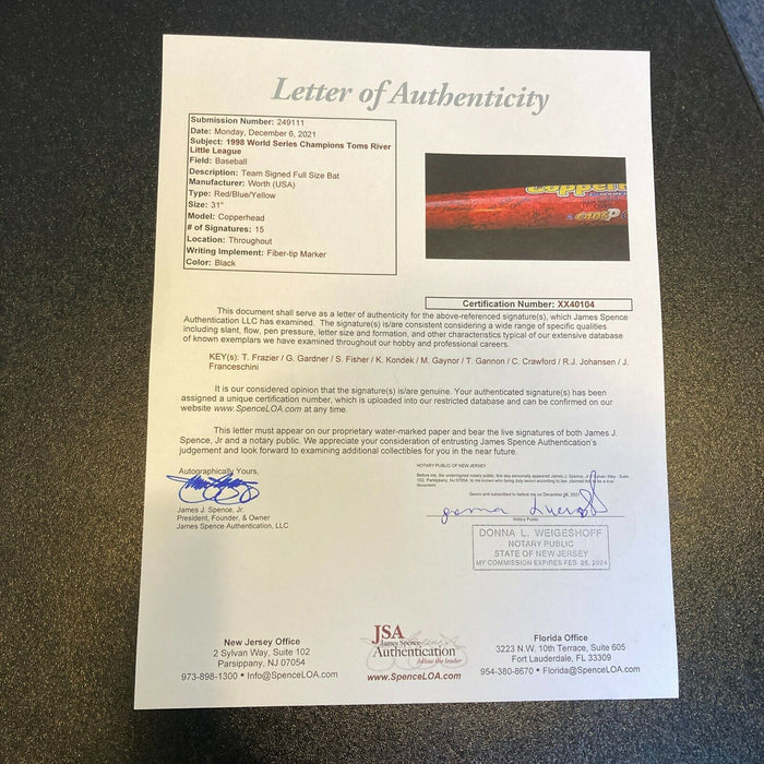 1998 Toms River Little League World Series Champs Team Signed Baseball Bat JSA