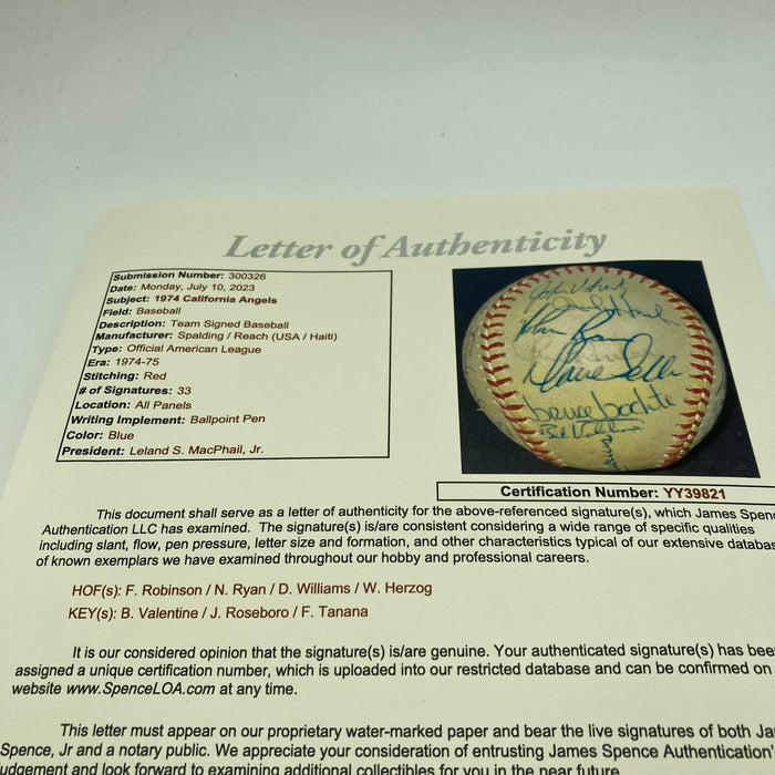Nolan Ryan 1974 California Angels Team Signed American League Baseball JSA COA