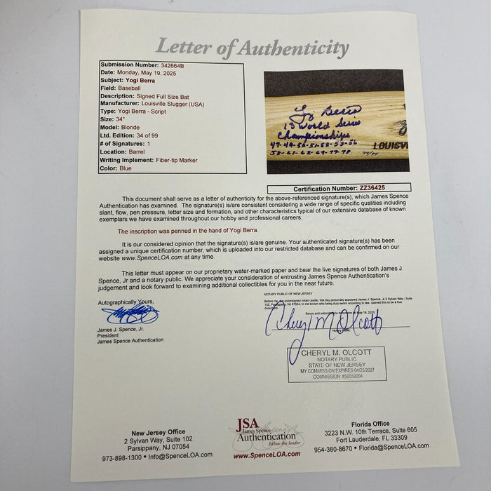 Yogi Berra Signed Heavily Inscribed STAT Game Model Baseball Bat JSA COA