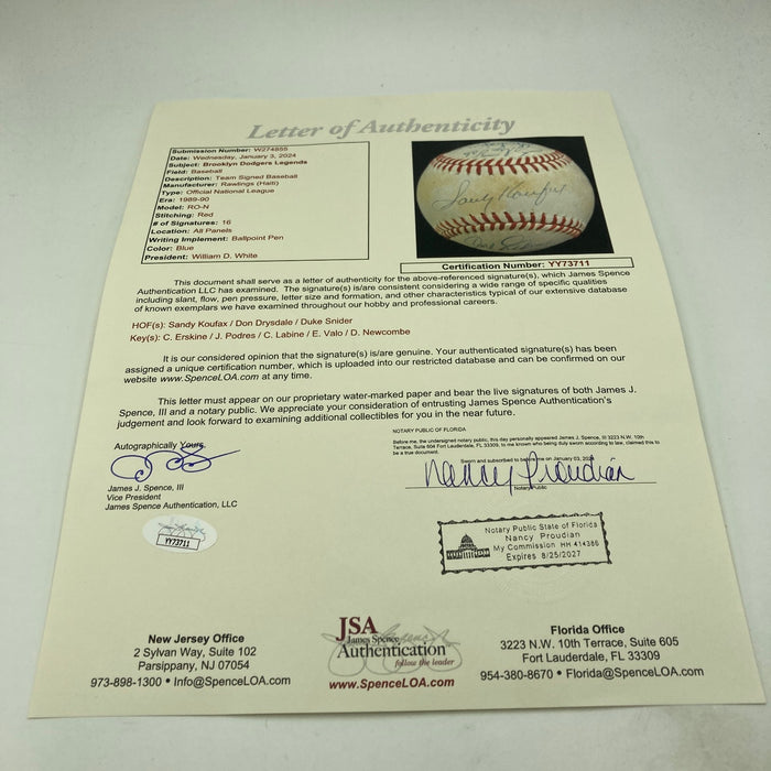 1957 Brooklyn Dodgers Final Season Team Signed Baseball Sandy Koufax JSA COA