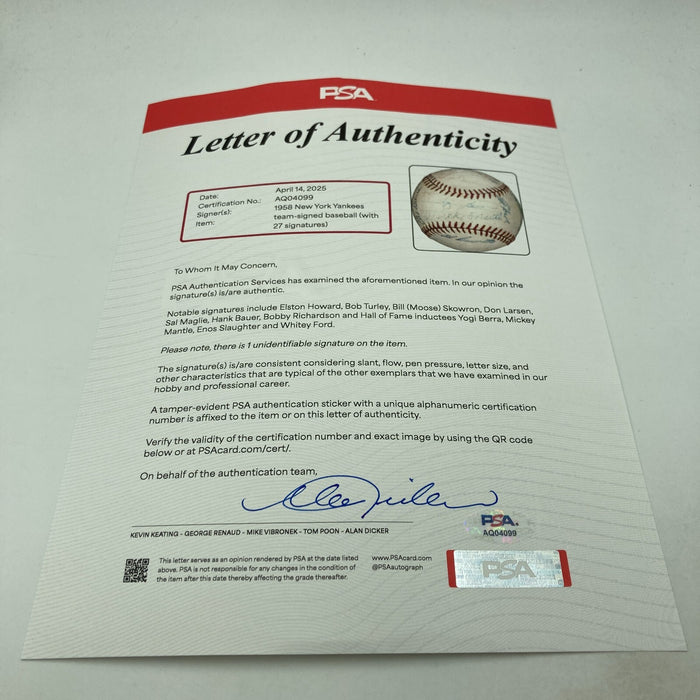 1958 New York Yankees World Series Champs Team Signed Baseball PSA DNA COA