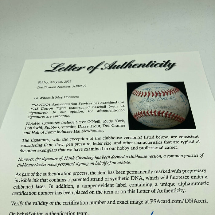 1945 Detroit Tigers World Series Champs Team Signed Baseball PSA DNA COA