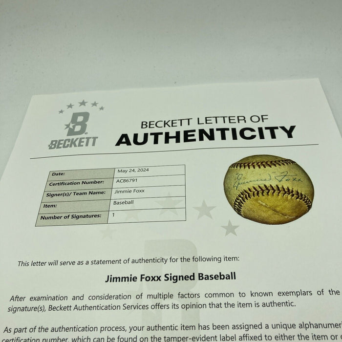 Beautiful Jimmie Foxx Single Signed National League Baseball Beckett COA