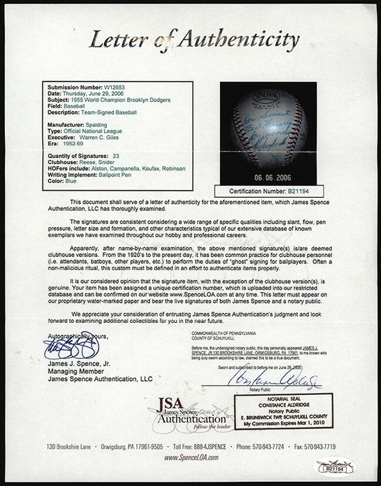 1955 Brooklyn Dodgers W.S. Champs Team Signed Baseball Jackie Robinson JSA COA