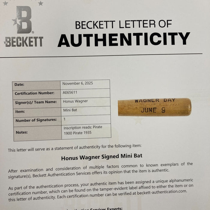 Honus Wagner Signed Louisville Slugger Honus Wagner Day Mini Baseball Bat BAS