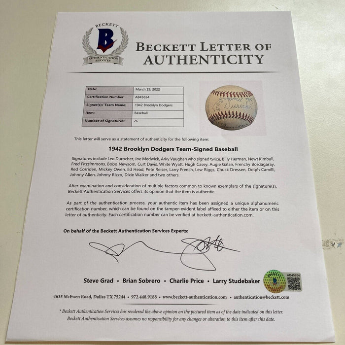 1942 Brooklyn Dodgers Team Signed National League Baseball JSA & Beckett COA