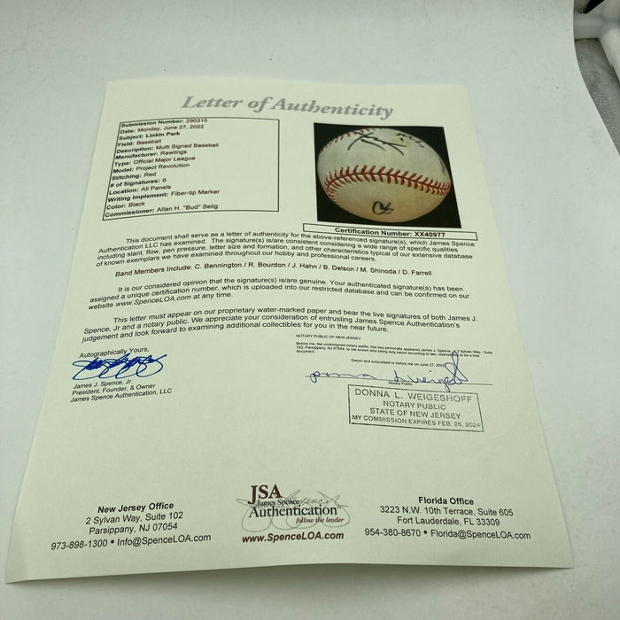Linkin Park Band Signed Baseball 6 Signatures With Chester Bennington JSA COA