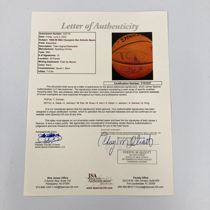1998-99 San Antonio Spurs NBA Champs Team Signed Basketball Tim Duncan JSA COA