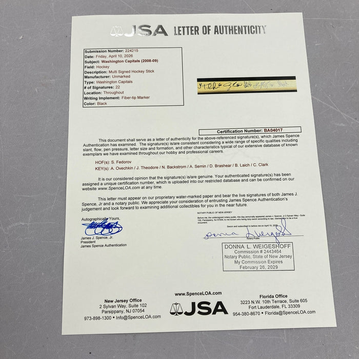 2008-09 Washington Capitals Team Signed Hockey Stick Alexander Ovechkin JSA COA