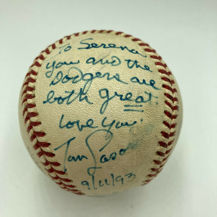 Tommy Lasorda Signed Game Used Baseball & Photo To National Anthem Singer JSA