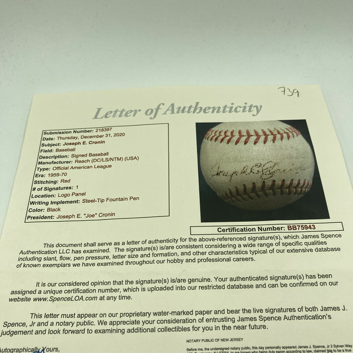 Rare Joe Cronin Single Signed 1959 American League Prototype Baseball JSA COA