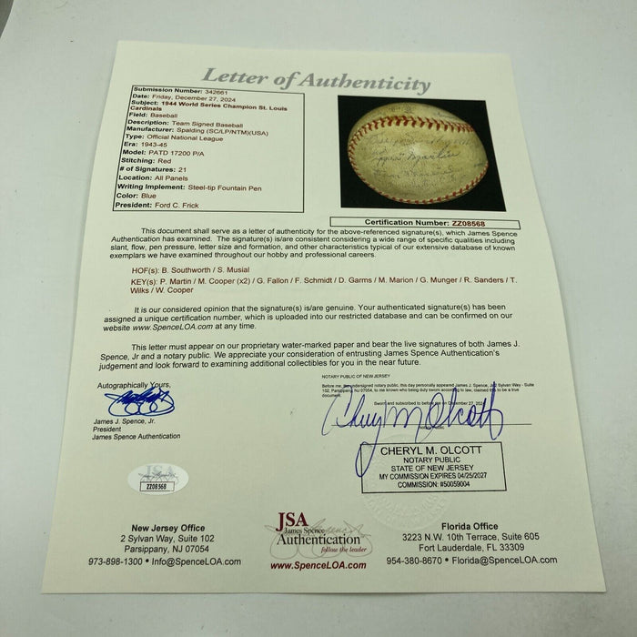 1944 St. Louis Cardinals World Series Champs Team Signed Baseball JSA COA