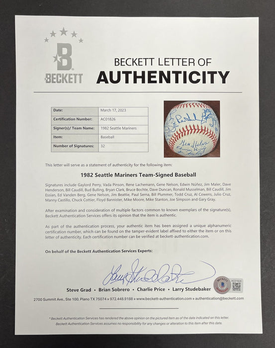 1982 Seattle Mariners Team Signed Official American League Baseball Beckett COA