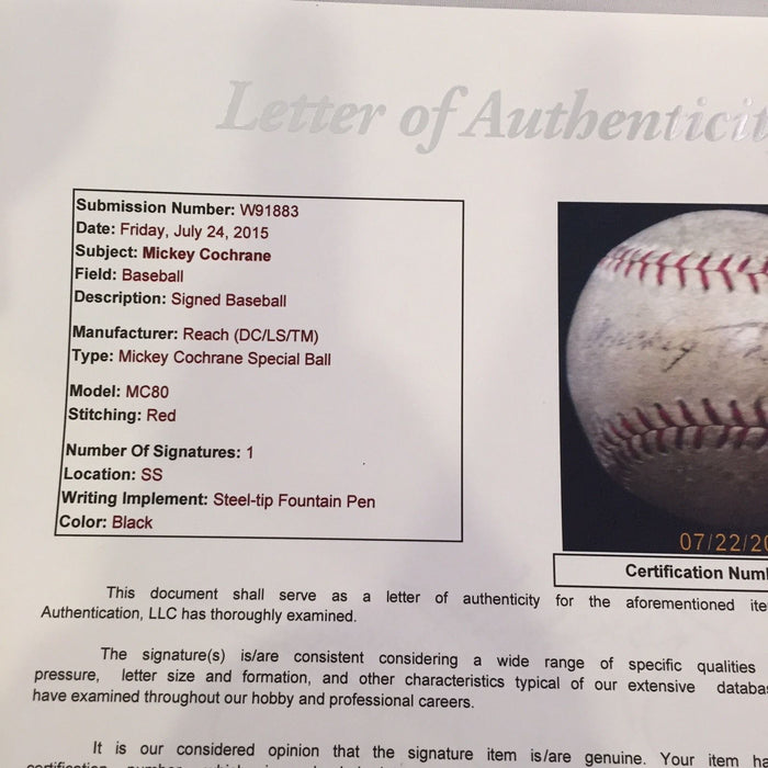 Mickey Cochrane Single Signed Personal Model Baseball JSA LOA