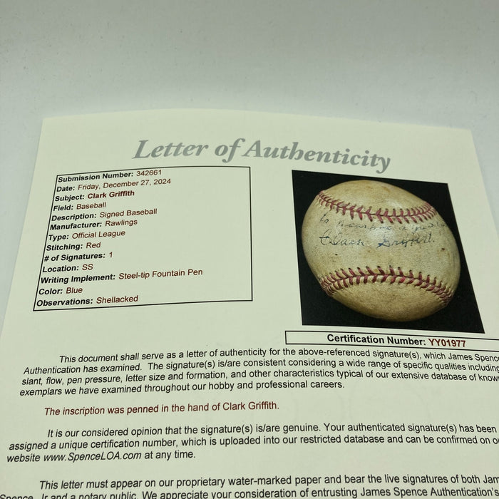 Clark Griffith Single Signed Vintage Official League Baseball JSA COA