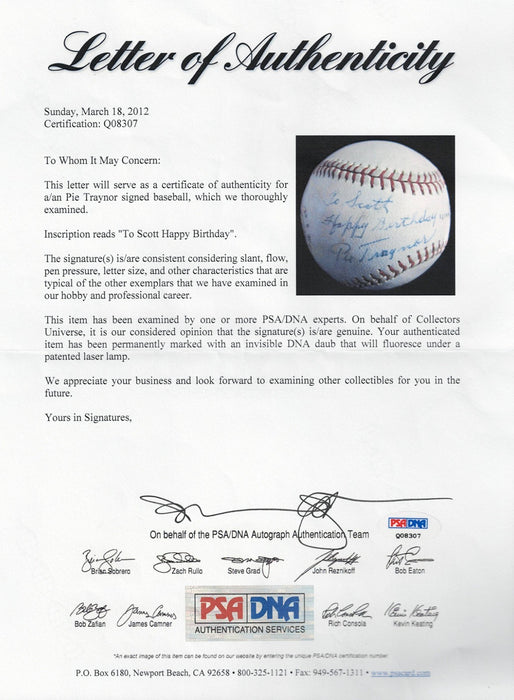 Pie Traynor Single Signed Baseball PSA DNA COA HOF Auto