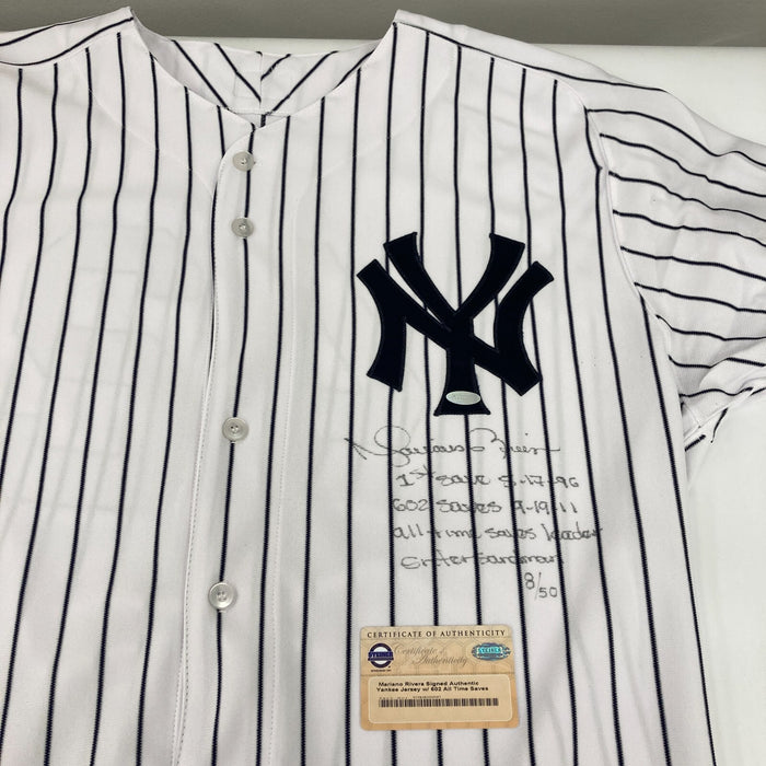 Mariano Rivera Signed Heavily Inscribed NY Yankees STAT Jersey Steiner COA