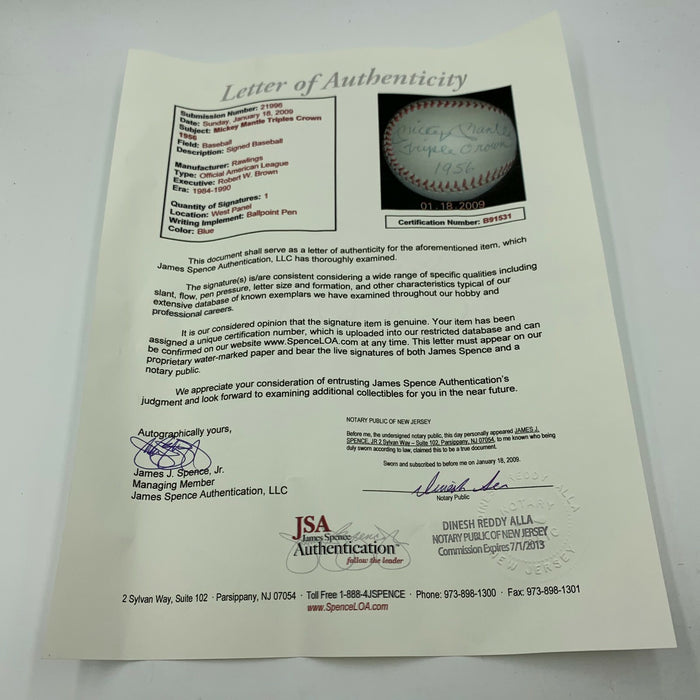 Beautiful Mickey Mantle Triple Crown 1956 Signed Inscribed Baseball JSA COA