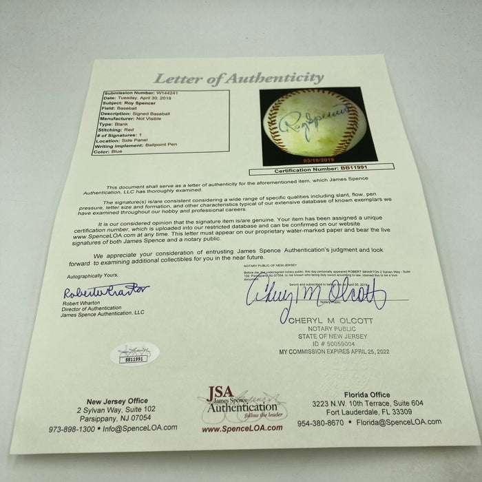 Roy Spencer Single Signed Baseball New York Giants Pittsburgh Pirates JSA COA