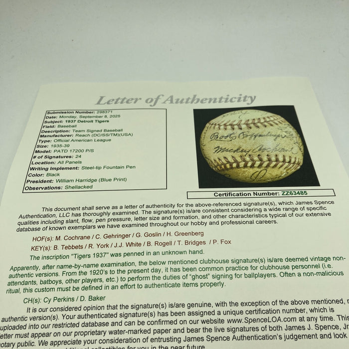 1937 Detroit Tigers Team Signed American League Baseball Hank Greenberg JSA COA
