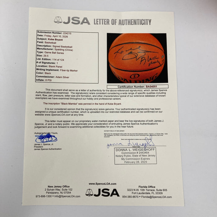 Kobe Bryant "Black Mamba" Signed Inscribed Basketball Panini & JSA COA RARE