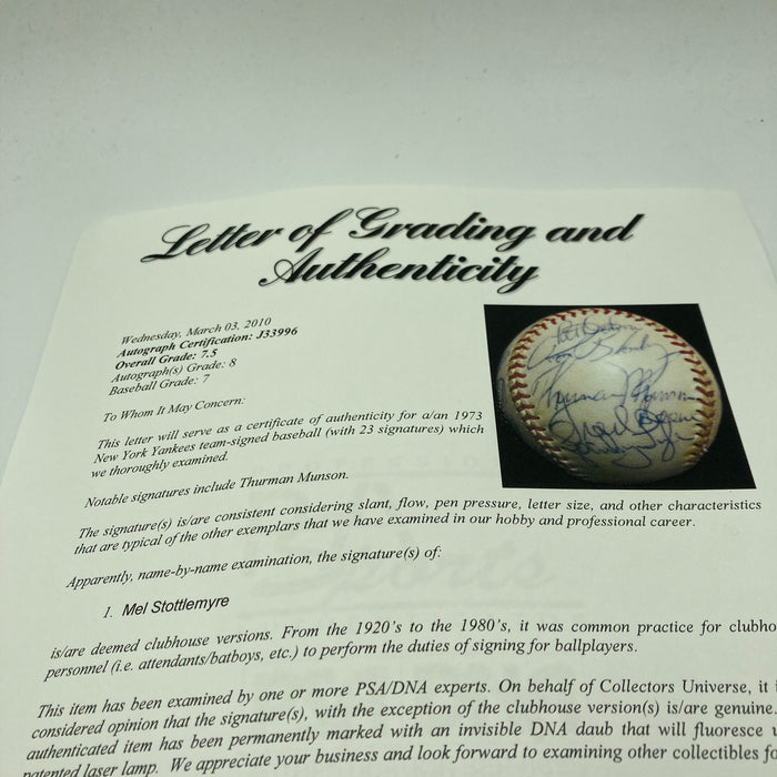 Thurman Munson 1973 New York Yankees Team Signed American League Baseball PSA