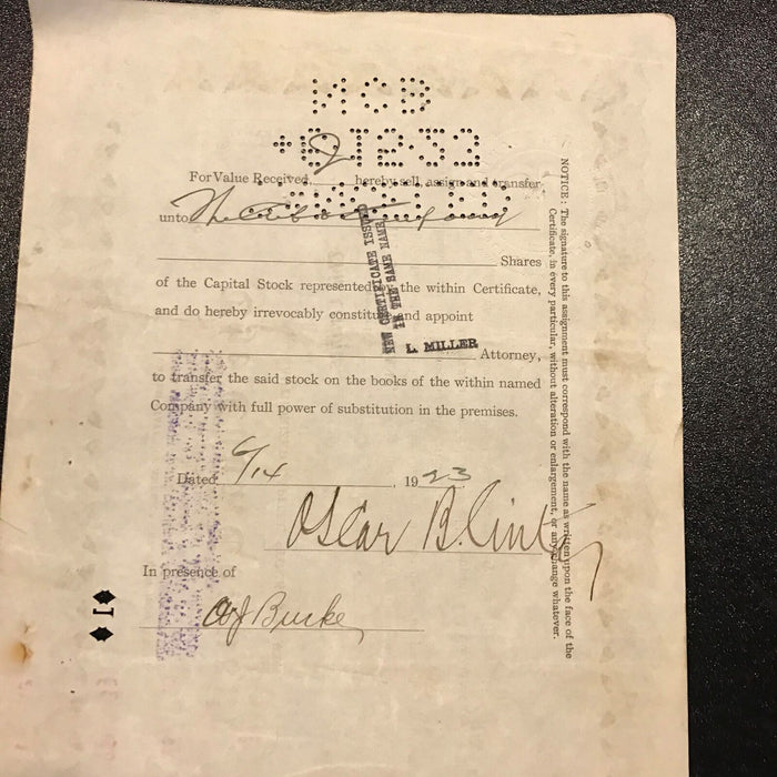 Original 1920 Oscar B. Cintas Signed Company Stock Certificate