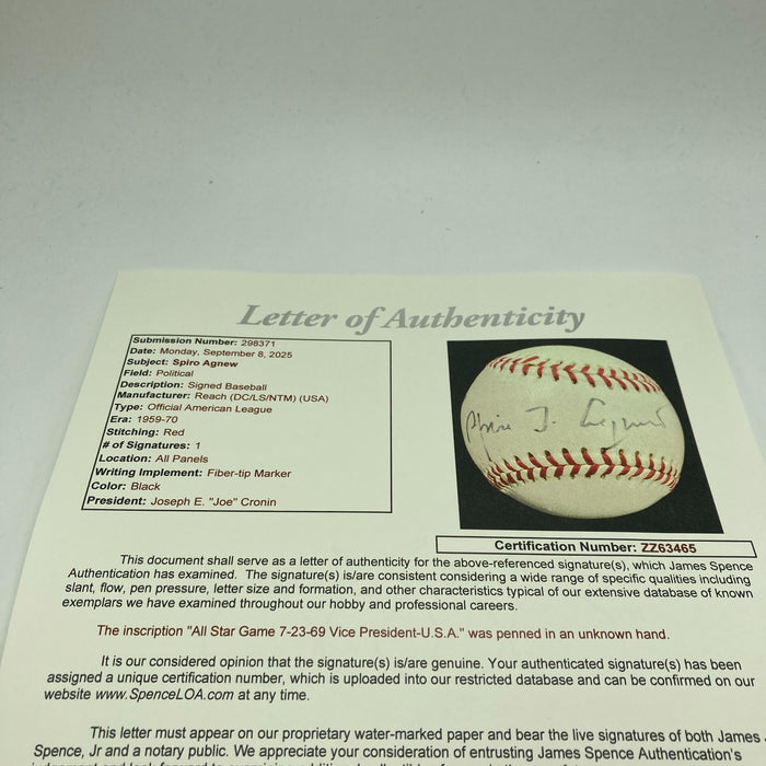 Vice President Spiro Agnew Single Signed 1969 American League Baseball JSA COA