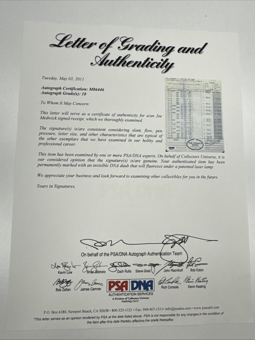Joe Medwick Signed The Otesaga Hotel Cooperstown Receipt PSA DNA 10 Gem Mint