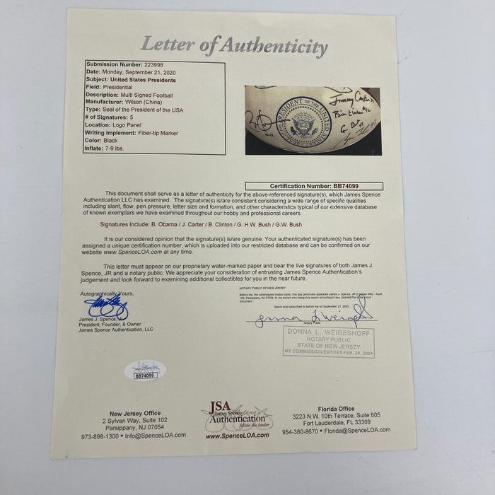 President Barack Obama Bill Clinton George Bush Jimmy Carter Signed Football JSA