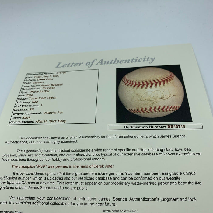 Derek Jeter "MVP" Signed Game Used Official 2000 All Star Game Baseball JSA COA
