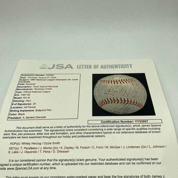 1987 St. Louis Cardinals NL Champs Team Signed National League Baseball JSA COA