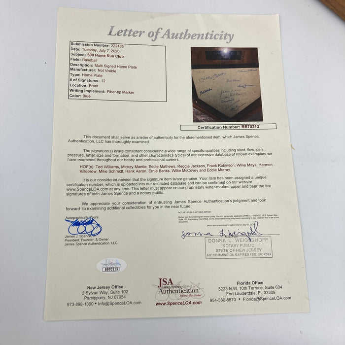 500 Home Run Signed Home Plate 12 Sigs Mickey Mantle Ted Williams JSA COA